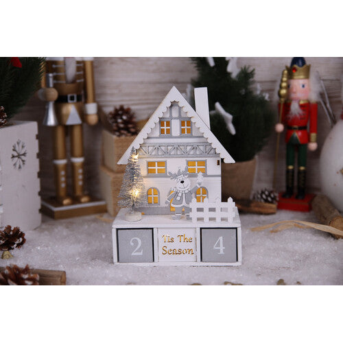LED-Weihnachts- Würfelkalender Häuschen, Holz, batteriebetrieben