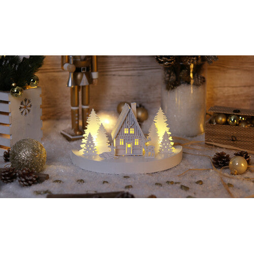 LED-Weihnachts- Häuschen, Holz, Weiß, batteriebetrieben